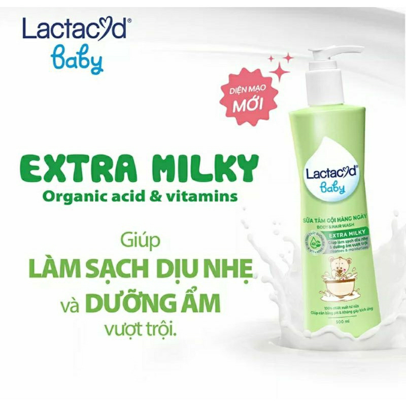 Sữa tắm gội Lactacyd Baby Extra Milky bảo vệ, nuôi dưỡng da và tóc cho bé chai 500ml
