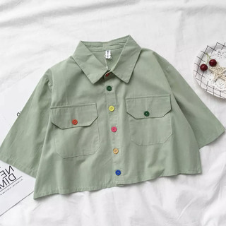 Áo Sơ Mi Croptop Nữ Tay Ngắn Form Rộng Phối Nút Nhiều Màu.