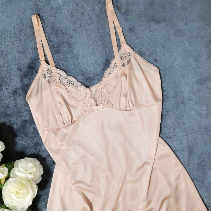 Đầm 2s thun lụa phối ren dáng babydoll màu nude DR5005L