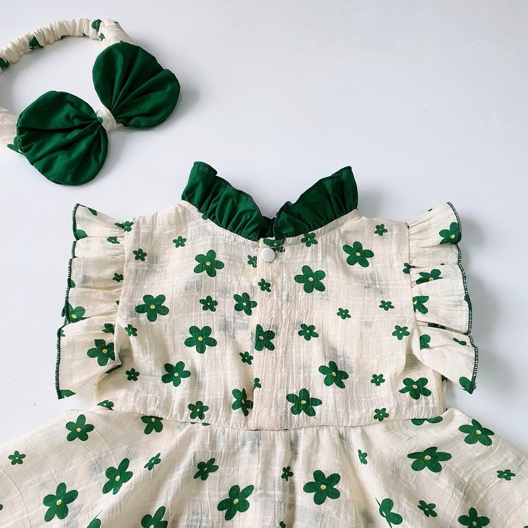 Body váy hoa nhí xanh cho bé gái sơ sinh tặng kèm turban nơ đi chơi, đi tiệc  - Riokids BD98