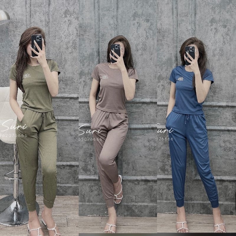 Hot bộ thể thao mặc nhà vải trơn cổ tròn tay cộc quần dài