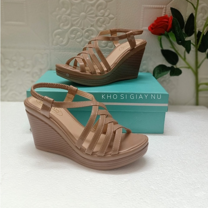 Dép sandal đế xuồng siêu nhẹ quai đan chéo 8 phân cao gót