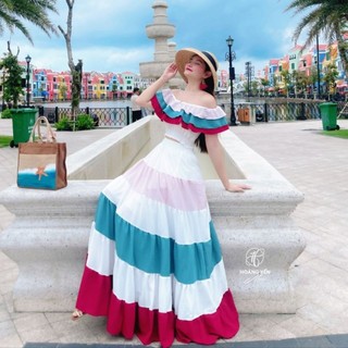 HOANGYEN Đầm maxi áo trễ vai phối chân váy 6 tầng phong cách boho, váy đi biển, đầm xoè