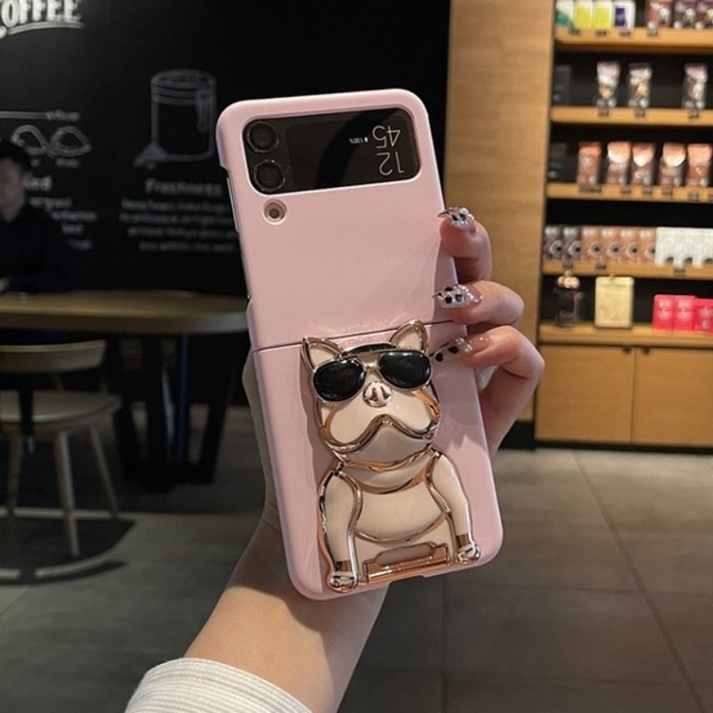 Ốp Z Flip5 - Z Flip 3 - Z Flip3 - FLIP4 5G màu pastel cá tính kèm giá đỡ cún buIldog viền gold kool ngầu