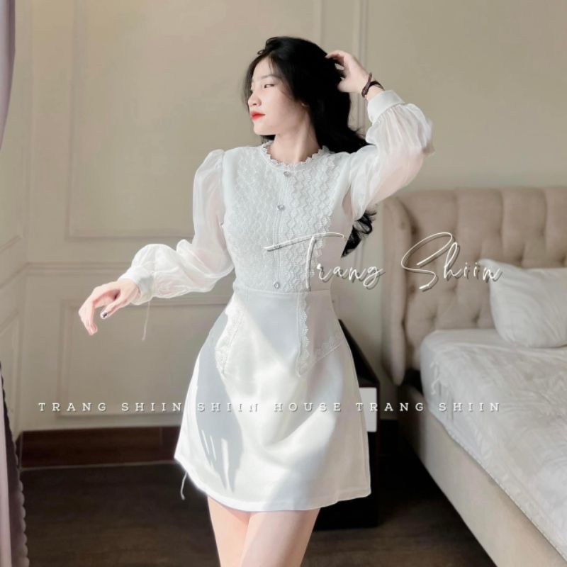 đầm midi trắng tay vôn phối ren ngực cổ trụ