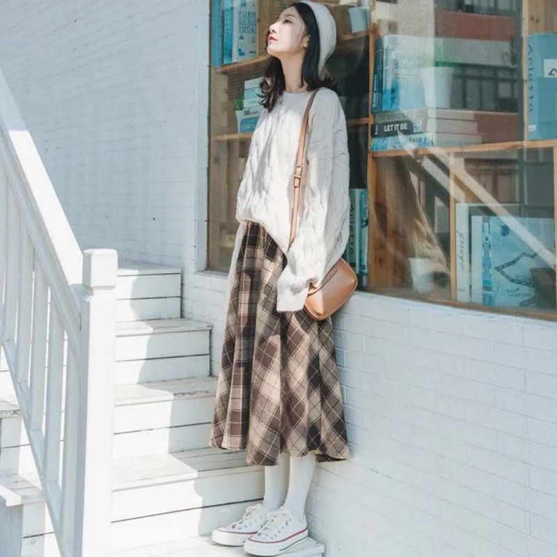 Chân váy kẻ caro dáng dài qua gối phong cách hàn quốc,chân váy dài hàn quốc kẻ màu nâu be vải thô 04
