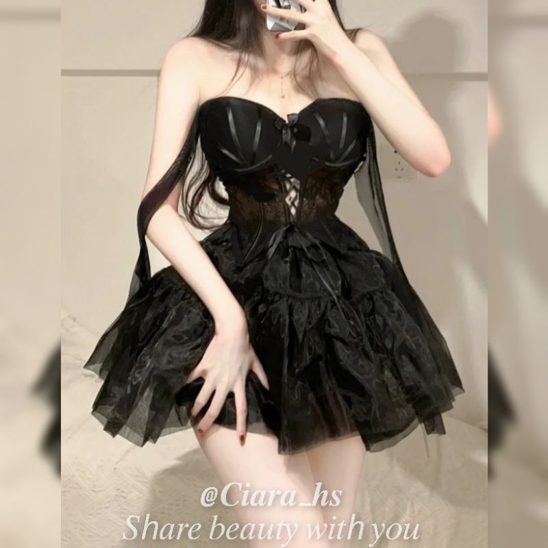 Set Váy Áo corset đan nơ Công chúa dáng xòe màu đen loại đẹp