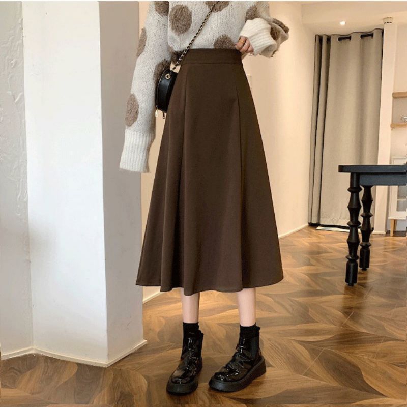 Chán váy chữ a dài qua gối phong cách hàn quốc,chân váy nỉ dáng dài cạp chun màu nâu be 05
