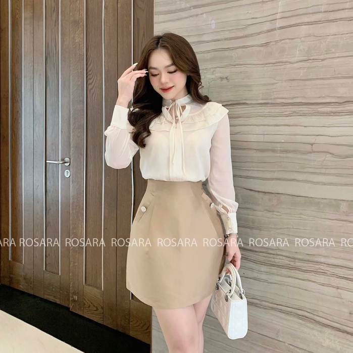 Sơ Mi Be Tơ Phối Cổ Nơ Cách Điệu Thời Trang Nữ Rosara SM40