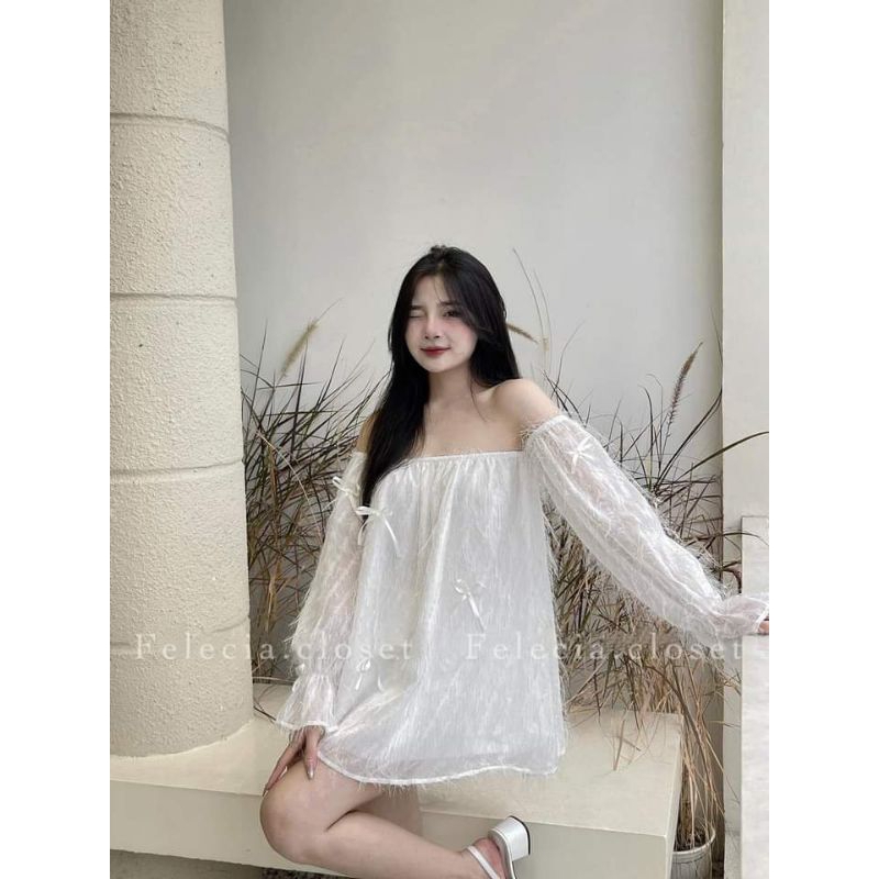 🌸Áo trễ vai tơ lông nơ sang chảnh hết nấc 💯💯