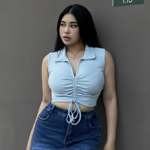 (A014 M-L) Áo Croptop Xanh Có Cổ, Dây Rút