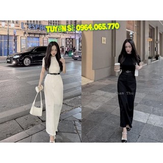 SET ÁO THUN TRẮNG CỔ TRÒN CHÂN VÁY MIDI JEAN KÈM NỊT