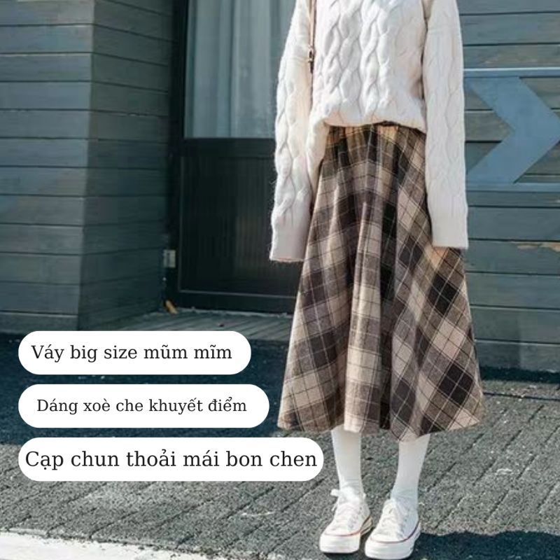 Chân váy kẻ caro dáng dài qua gối phong cách hàn quốc,chân váy dài hàn quốc kẻ màu nâu be vải thô 04