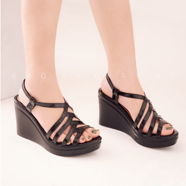 Dép sandal đế xuồng siêu nhẹ quai đan chéo 8 phân cao gót