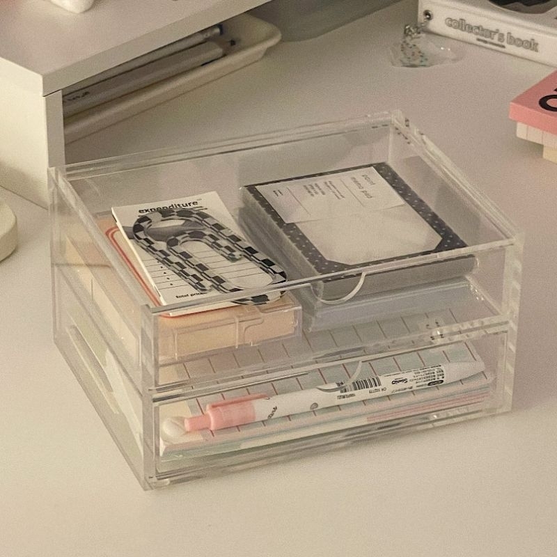 tủ mica 2 tầng acrylic trong suốt dupe muji, hộp lưu trữ bút đựng phụ kiện văn phòng phẩm mỹ phẩm