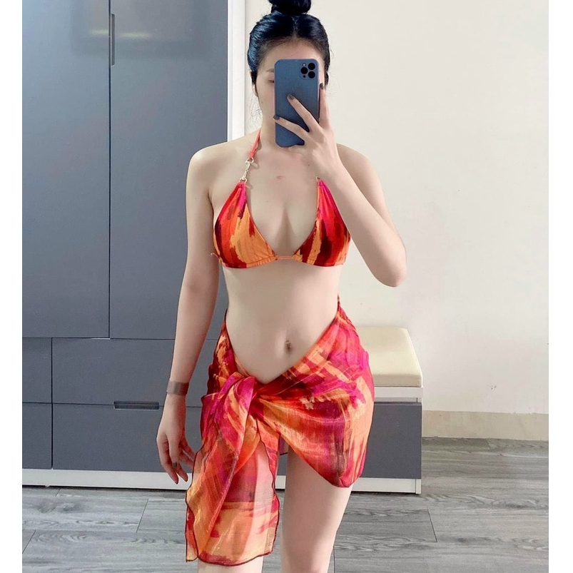 Set bikini 3 mảnh loang đỏ kèm khăn voan, chất thun lạnh