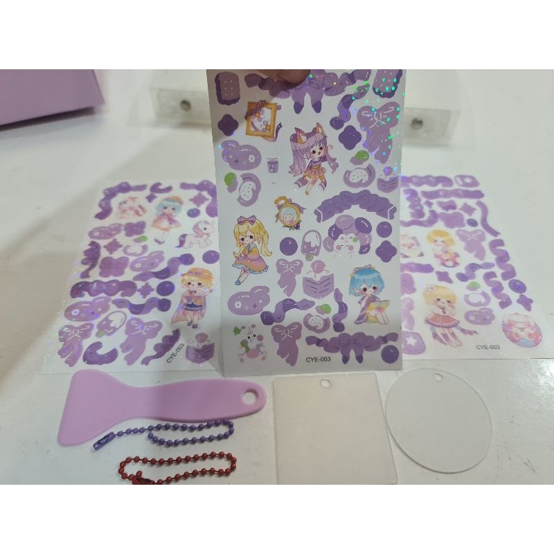 Set 3 tấm sticker bling bling lớn kèm 2 móc khóa treo acrylic DIY, hình dán lấp lánh