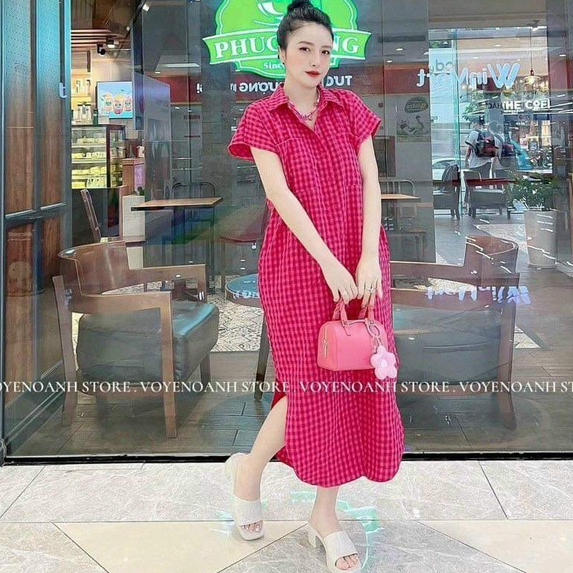 Váy bầu mùa hè chất cát hàn thoáng mát- Đầm Bầu Mùa Hè Cổ Sen Tay Bồng Công Sở Dáng Suông