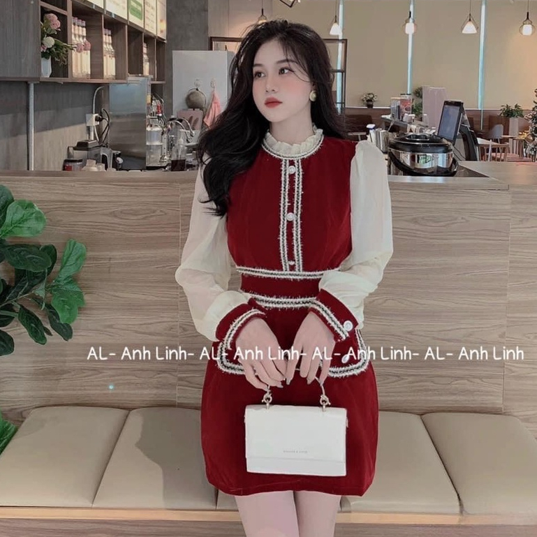 Đầm váy nữ vải nhung cứng phối voan tơ thiết kế kẻ viền đính nút thời trang nữ trẻ trung năng động