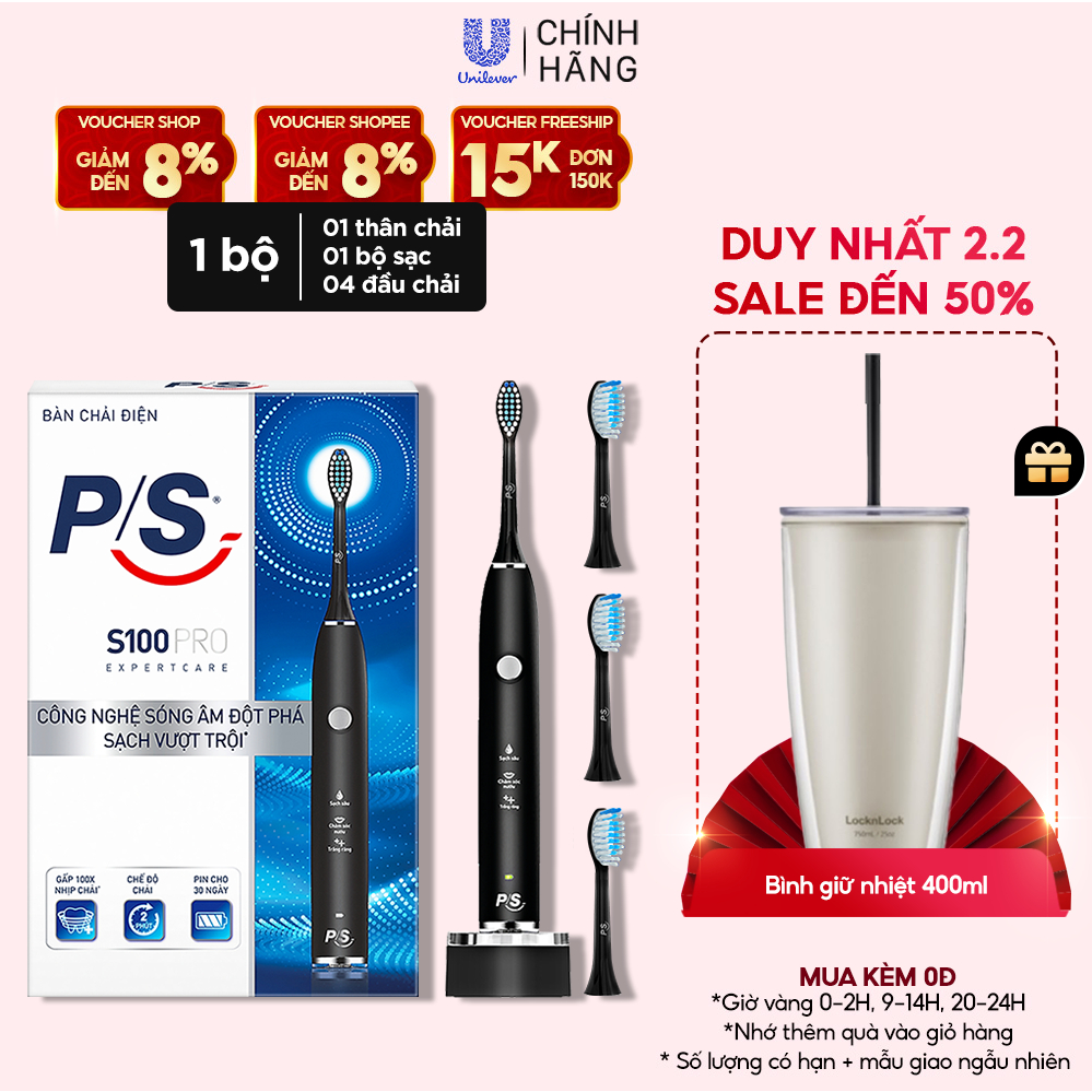 Bộ Bàn Chải Điện P/S S100 PRO màu đen & Bộ 2 đầu chải thay thế Sạch Sâu