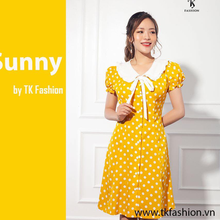 Đầm dáng xòe tay bồng cổ phối bèo họa tiết chấm bi dễ thương thiết kế cao cấp dk586