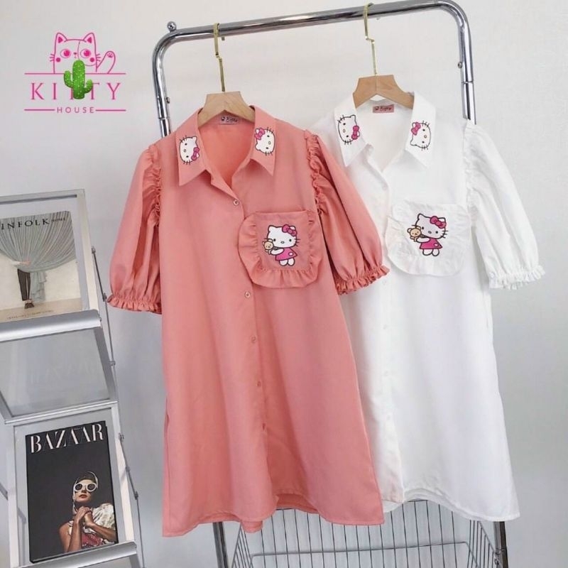 Đầm xuông tay lỡ phồng,cổ sơ mi in hình mèo kitty 2 màu trắng hồng chất vải kate mềm mịn thoải mái mặc nhà đi chơi
