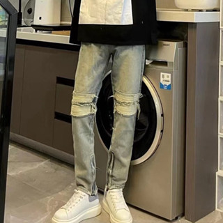Quần Jeans Nam ống đứng rách gối vá da co dãn khóa Quần ôm sát chân quần jean xanh hàn quốc phong cách Thời trang