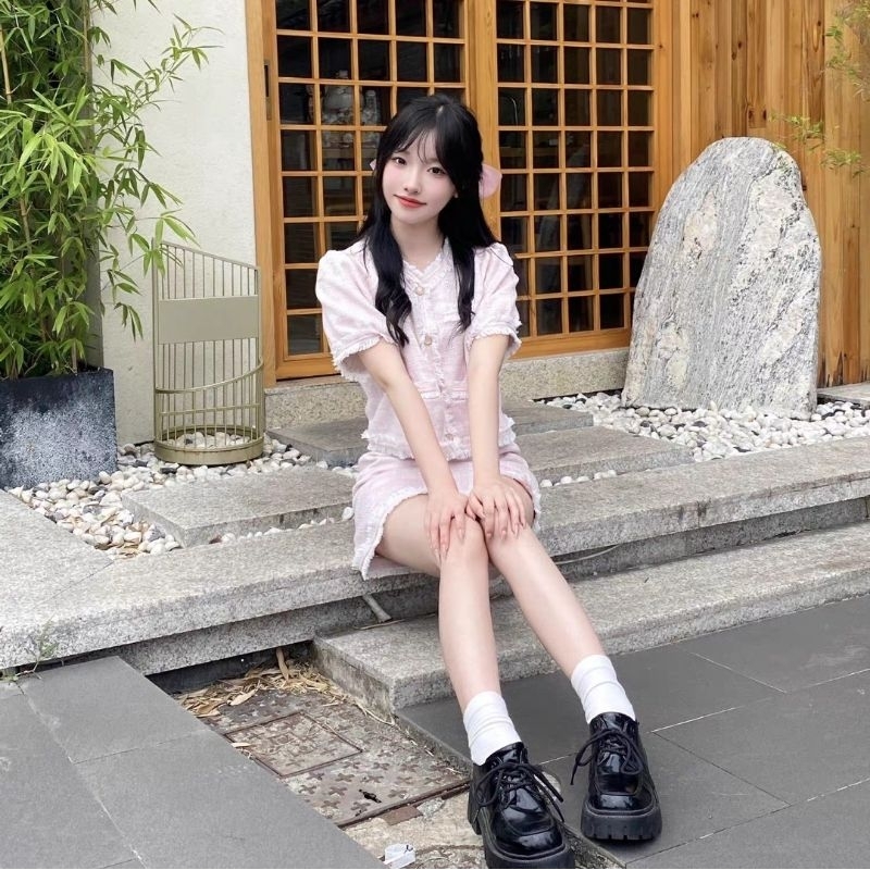 Set đầm hồng dạ gai vải tweet, hàng loại 1 của CHIC CLUB