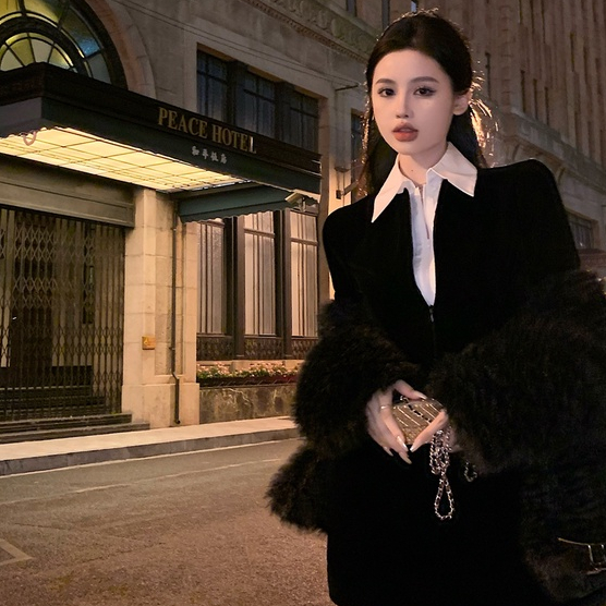 Đầm body cổ V YIMI phối sơ mi trắng tay bèo tiểu thư