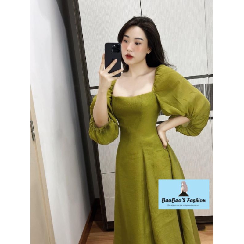 Đầm tơ xanh cốm tay bồng siêu tôn da