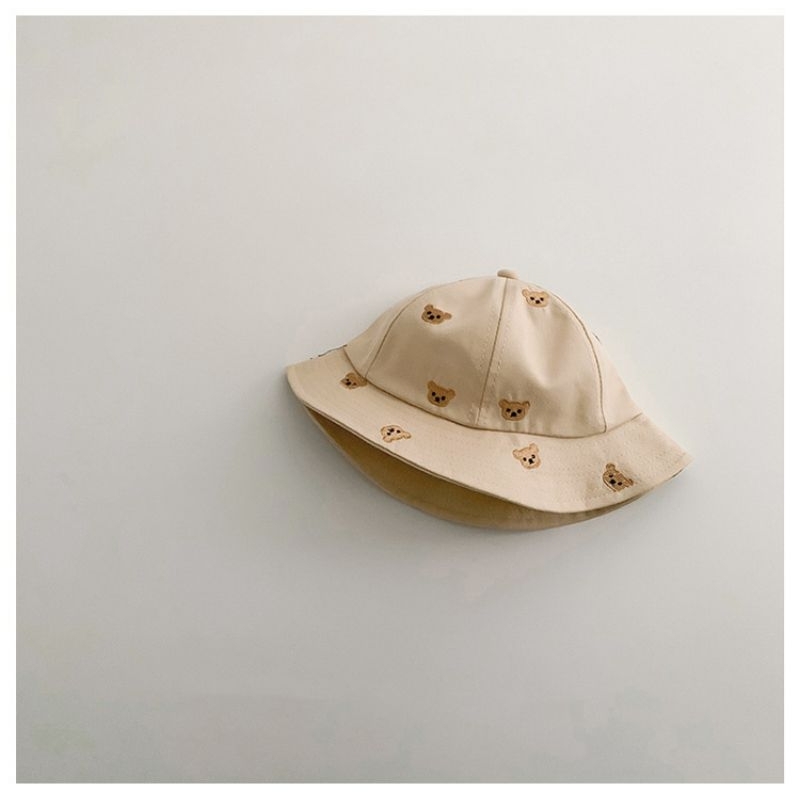 Mũ vành thêu họa tiết gấu dễ thương cho bé, mũ vành gấu có dây quai cho bé