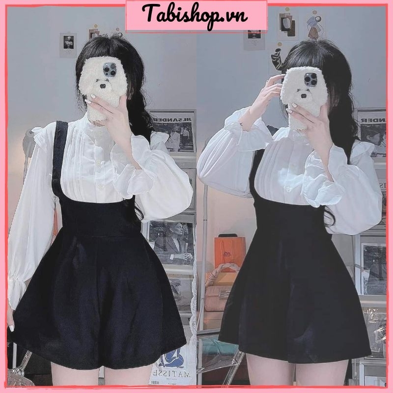 Set yếm quần nhung kèm áo sơ mi dài tay bèo xinh xắn TABISHOP set jumsuit nữ màu đen trắng mặc tết đi chơi đi dạo
