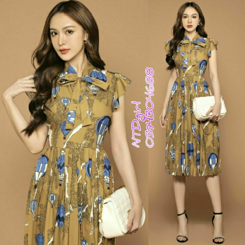 Hàng nhập - Đầm dáng xòe lụa in hoa văn cổ nơ xinh xắn, váy dự tiệc tay con sang trọng