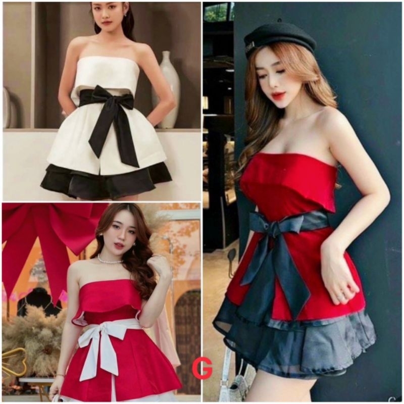 sét đồ nữ sang chảnh áo ống mút ngực thắt nơ eo quần váy voan công chúa chuẩn xịn