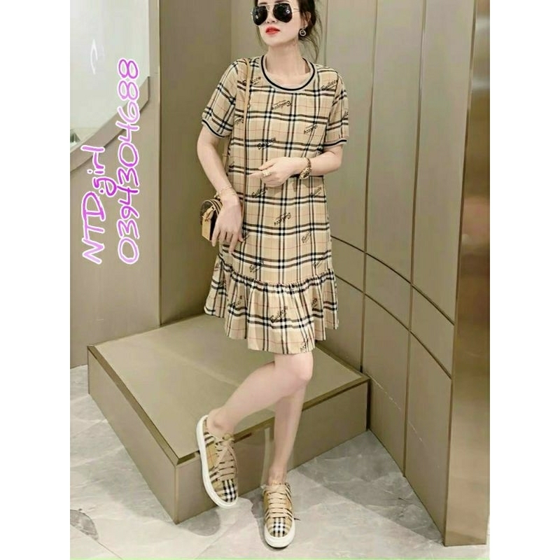 Hàng nhập - Đầm dáng suông lụa kẻ caro đuôi cá, váy xuông baby doll cổ tròn tay ngắn trẻ trung