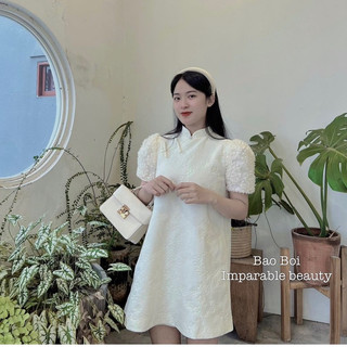 Đầm Dập Hoa Tay Phồng Nút Ngọc - D21112