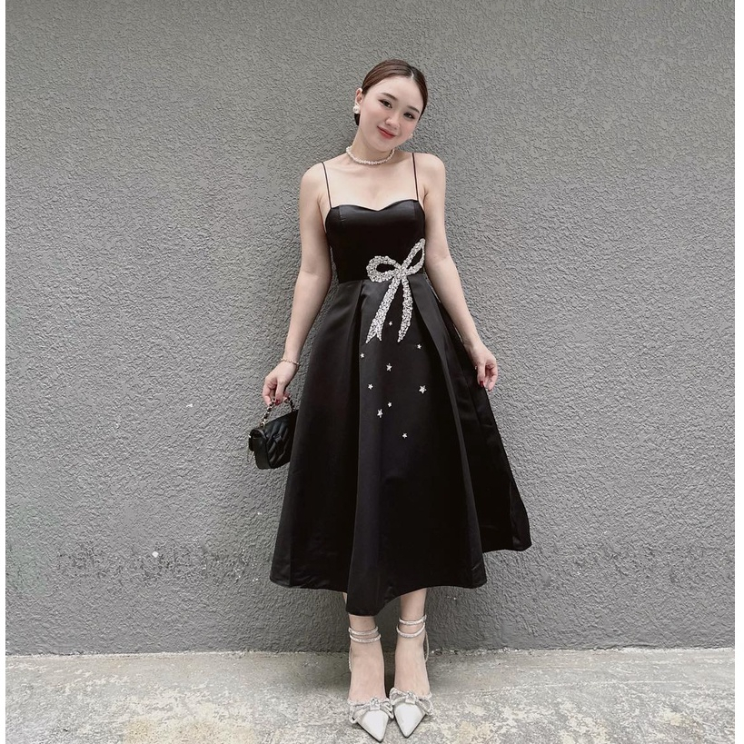 Đầm váy nữ tafta 2 dây kết nơ tone màu đen sang chảnh dành cho các nàng diện đi dự tiệc