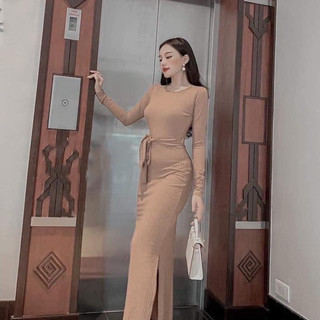 Đầm tay dài hở lưng cột nơ eo xẻ tà ôm body dáng dài trơn cực xinh , chất thun gân dày dặn