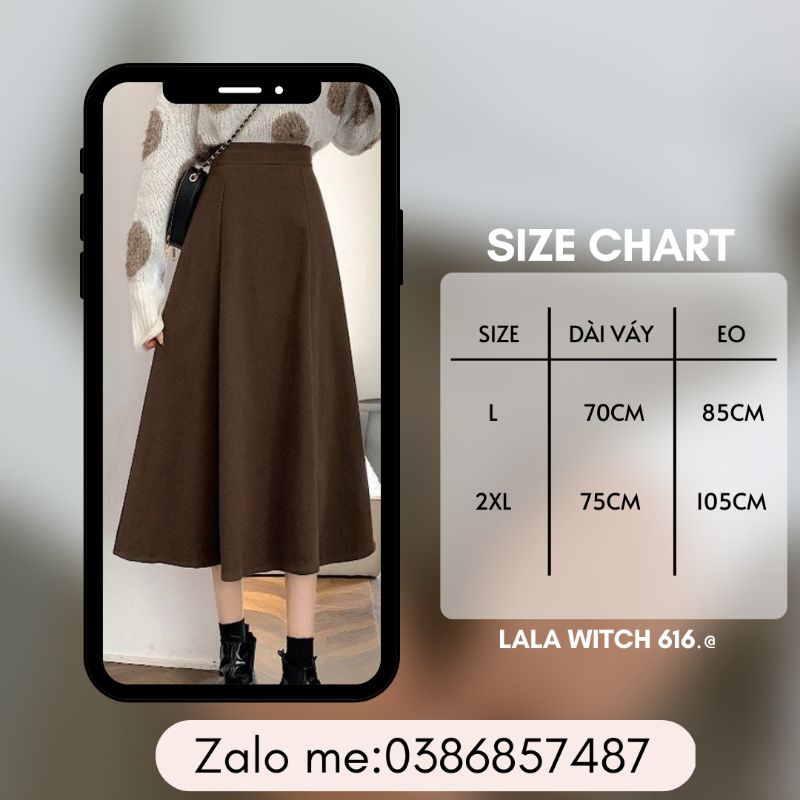 Chán váy chữ a dài qua gối phong cách hàn quốc,chân váy nỉ dáng dài cạp chun màu nâu be 05