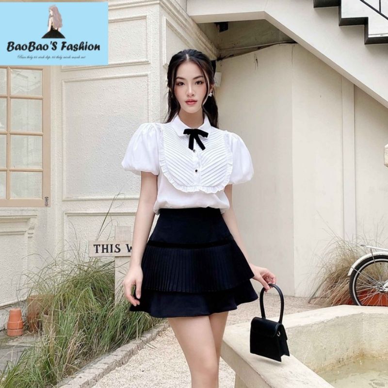 Set áo sơ mi nơ và chân váy xếp ly trẻ trung siêu xinh M