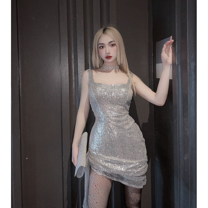 Váy 2 Dây Body Kim Sa Phối Tà Sang Chảnh Sexy Bùi Đượm Concept Chính Hãng, Váy Đi Tiệc Bling Nổi Bật Chiết Eo Cúp Ngực