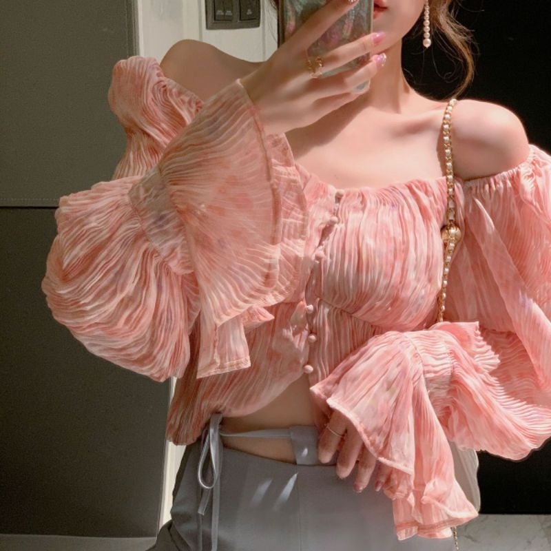 (H202) Áo Trễ Vai Voan Mỏng Dập Li Cúc Bọc Tròn Ống Tay Bồng Cổ Chun Duyên Dáng Phong Cách Hàn Quốc ❤️