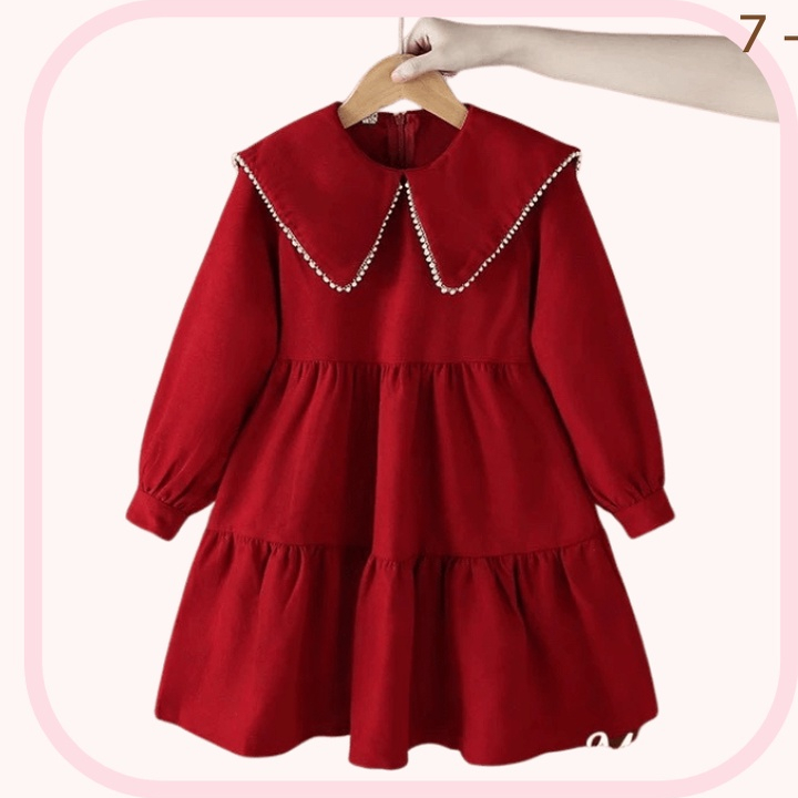 Váy/ đầm bé gái nhung tăm màu đỏ tay dài Phối cánh tiên đi học đi chơi Noel Lễ Tết Giáng Sinh