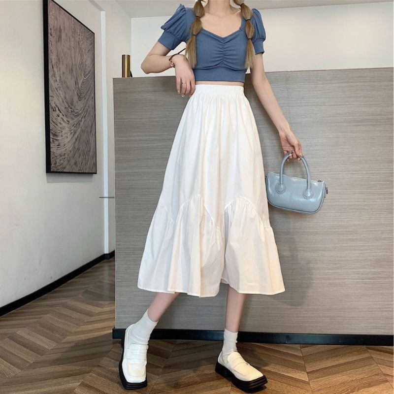 Chân váy dài 2 tầng vải trơn thiết kế đẹp lạ,chân váy dài hai tầng trơn phòng cách hàn quốc dáng xoè chữ a màu trắng 07