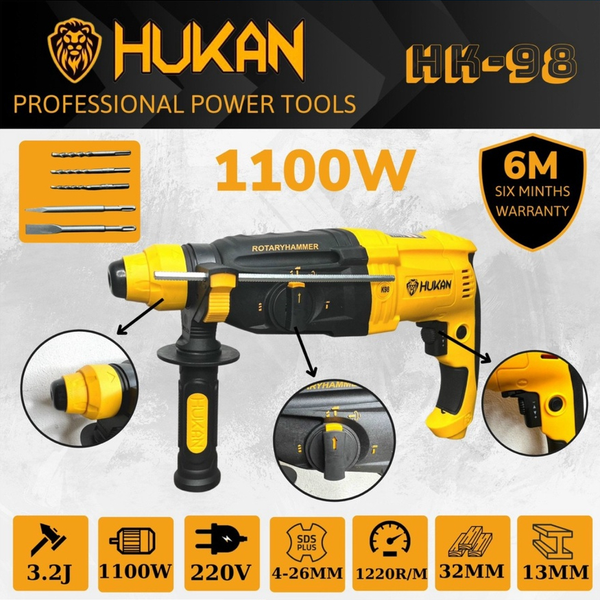 Máy khoan đục bê tông Hukan k98 3 chức năng 1100w có điều tốc tặng 3 mũi khoan 2 mũi đục