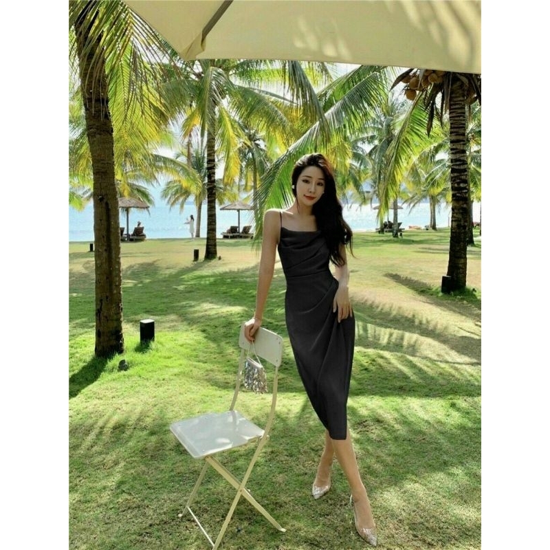 Đầm ôm nhẹ 2 dây xếp li, cổ đổ,  dây kéo sau lưng Lh0917399527
