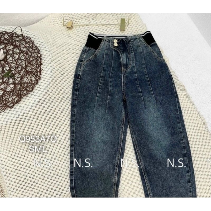 Quần Jeans Nữ Baggy Cạp Chun 2 Nút ,Quần Bò Lưng Cao Xếp Ly Wash Màu Phong Cách BEBEDOLL