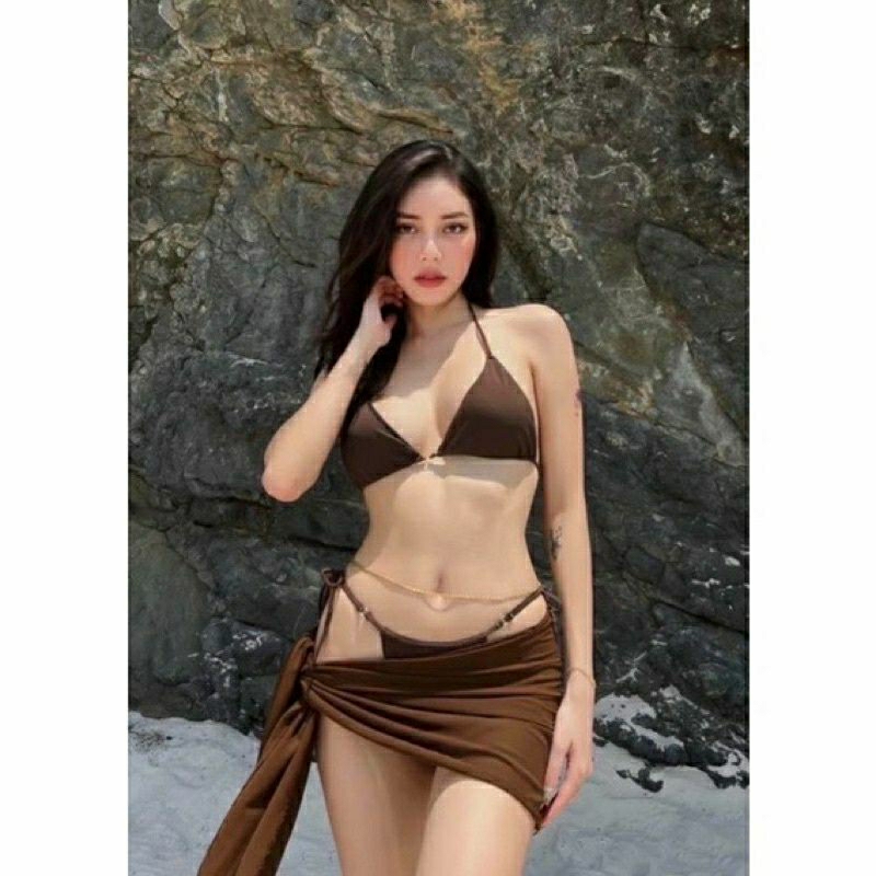 Bikini 3 mảnh đồ bơi đẹp màu nâu cà phê kết hợp khoen