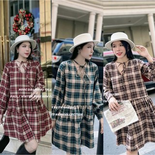 Váy Babydoll Kẻ Caro Cổ V Tay Dài Tiểu Thư