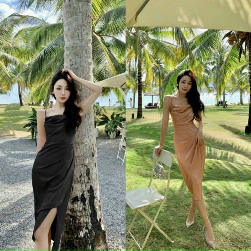 Đầm ôm nhẹ 2 dây xếp li, cổ đổ,  dây kéo sau lưng Lh0917399527